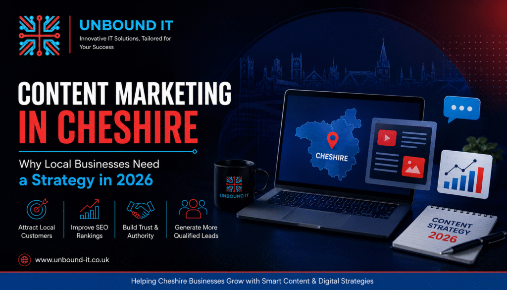 Content Marketing in Cheshire by UNBOUND-IT showing SEO strategy, digital marketing, and local business growth in 2026.