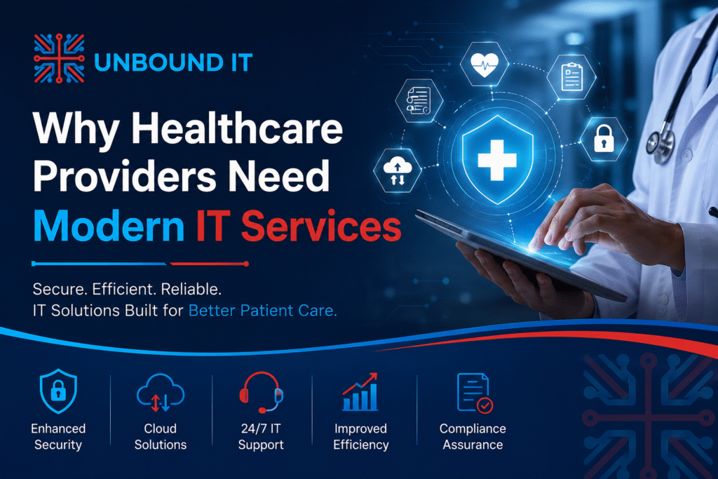 Healthcare IT services illustration showing secure digital healthcare solutions by Unbound IT.